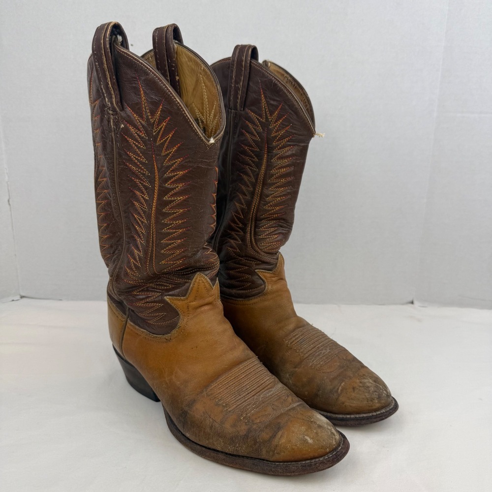 Vintage Tony Lama Two Tone Brown Leather Western Cowboy Boots Size 7.5